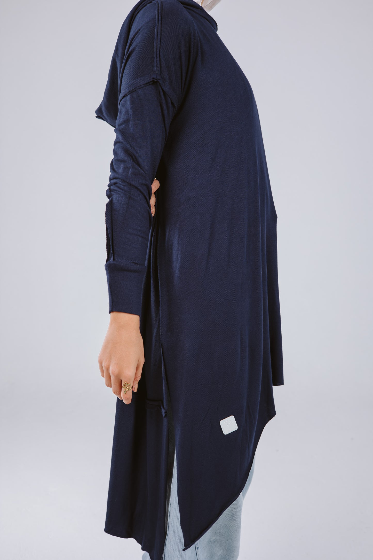 Asymmetrical Hoodie Top in Navy Blue