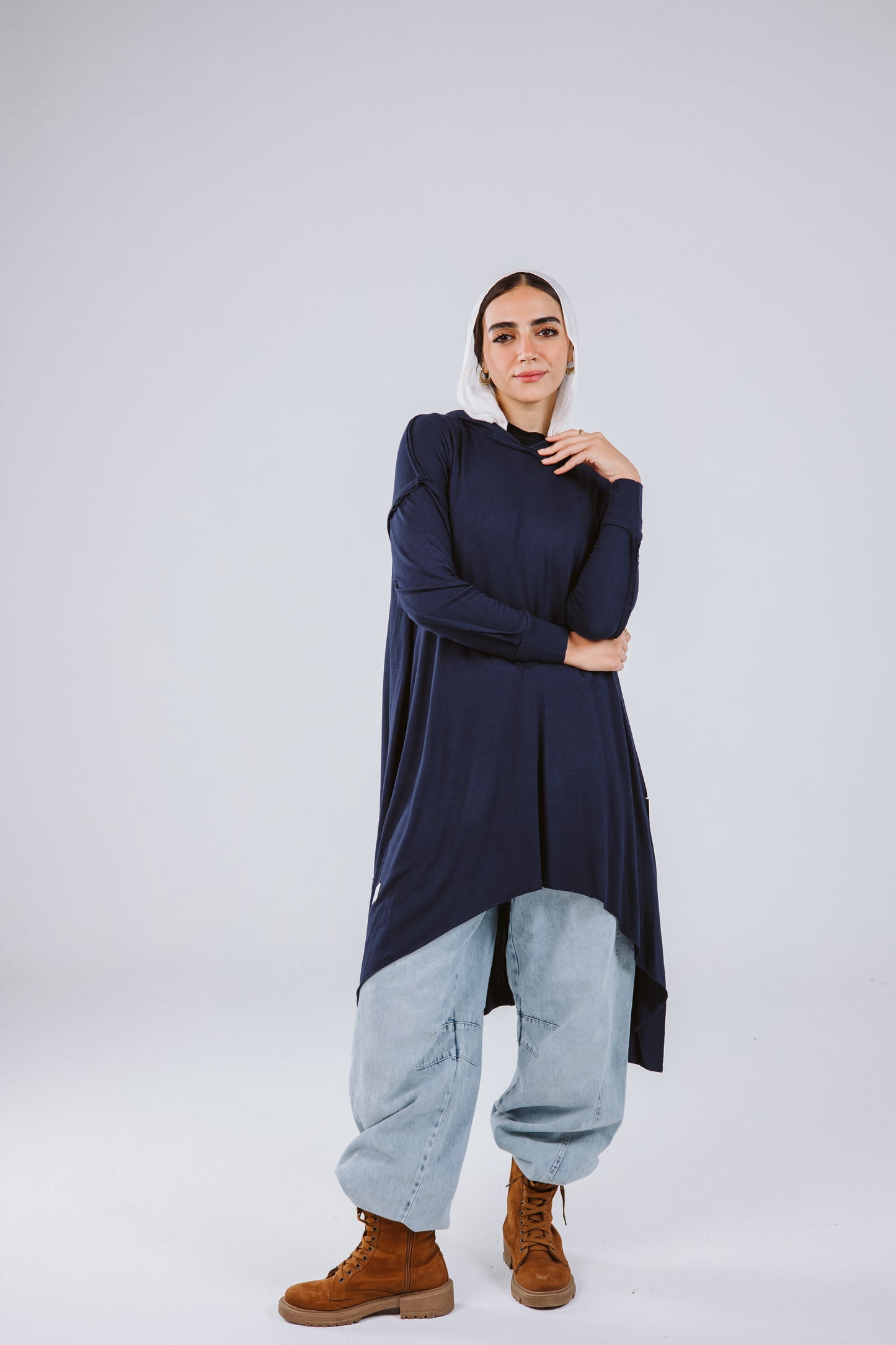 Asymmetrical Hoodie Top in Navy Blue