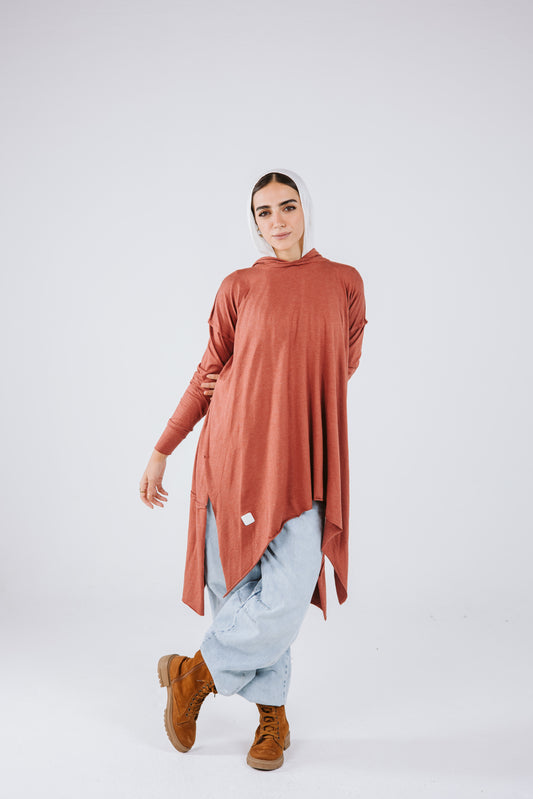 Hoodie Asymmetrical Stitches Top in Brick