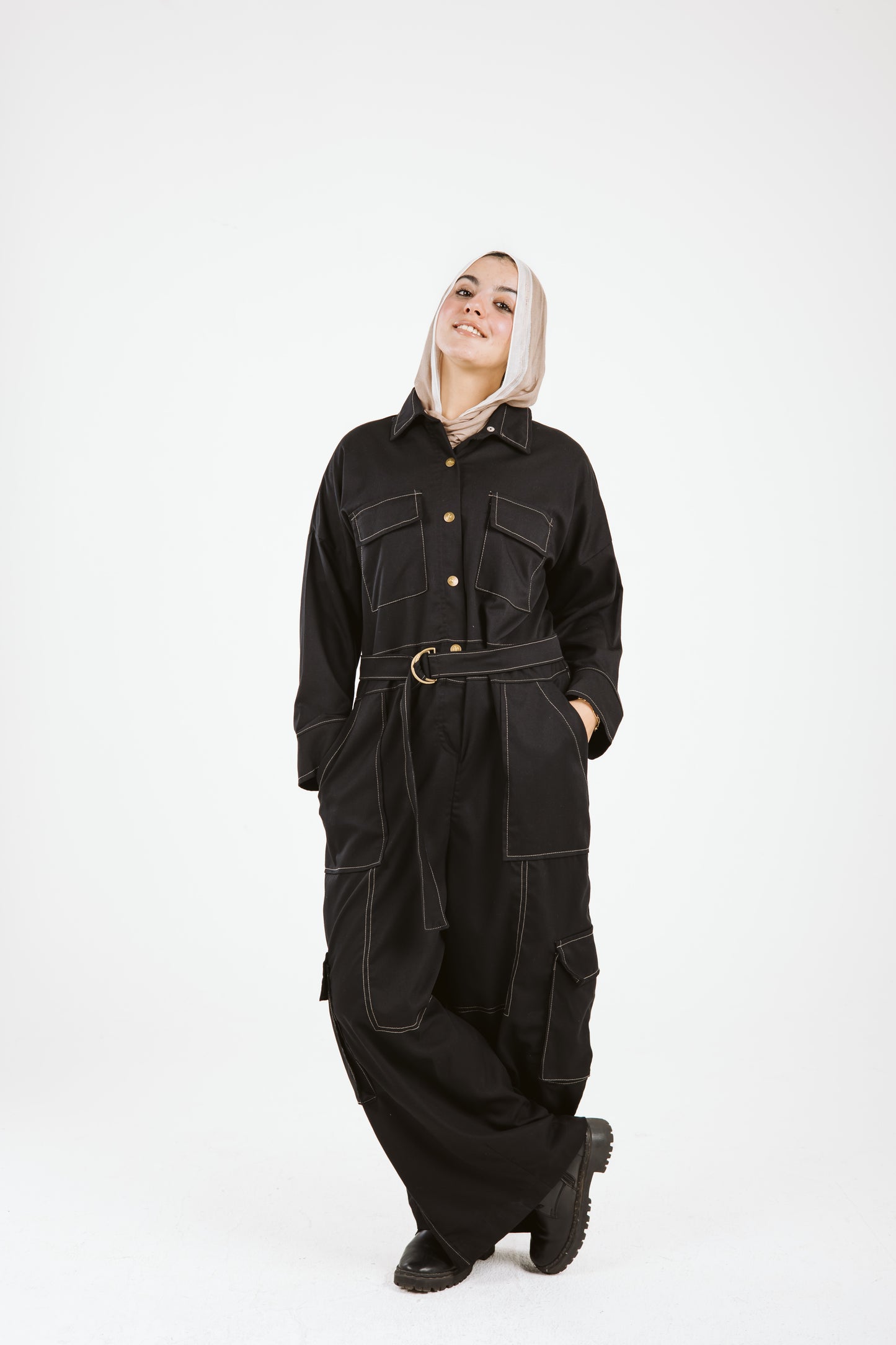 Belt Jumpsuit in Beige Stitches