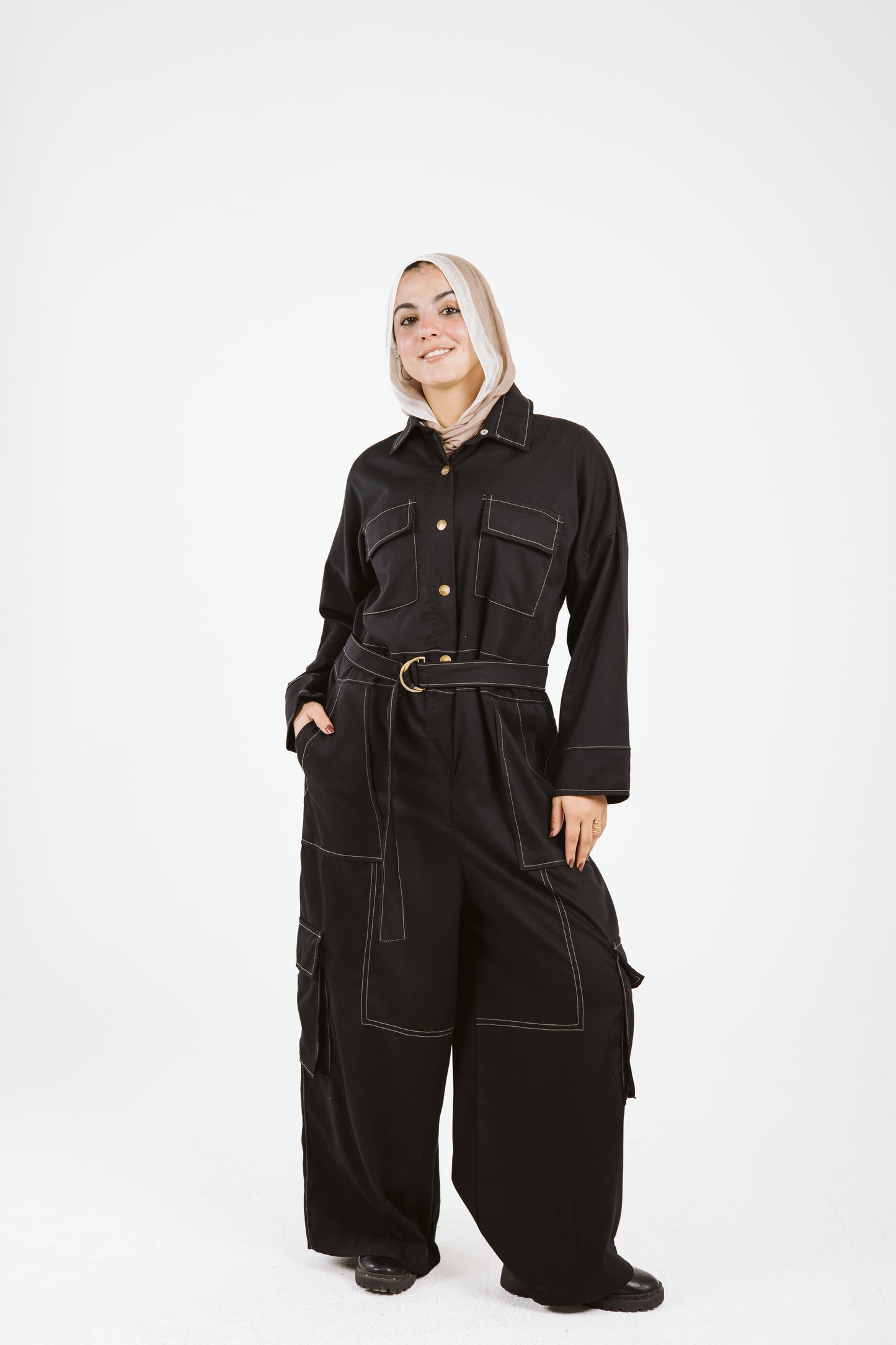 Belt Jumpsuit in Beige Stitches