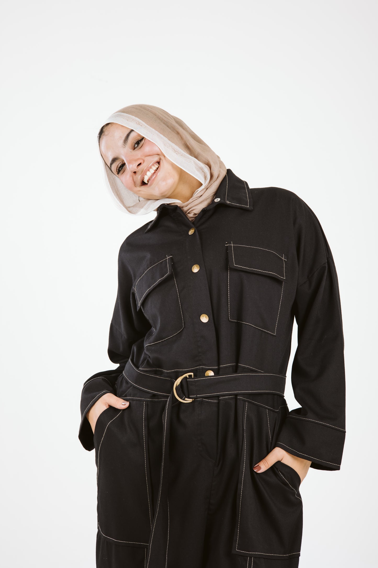 Belt Jumpsuit in Beige Stitches