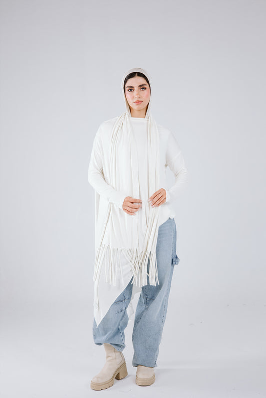 Waves Top with Fringes Scarf in White.