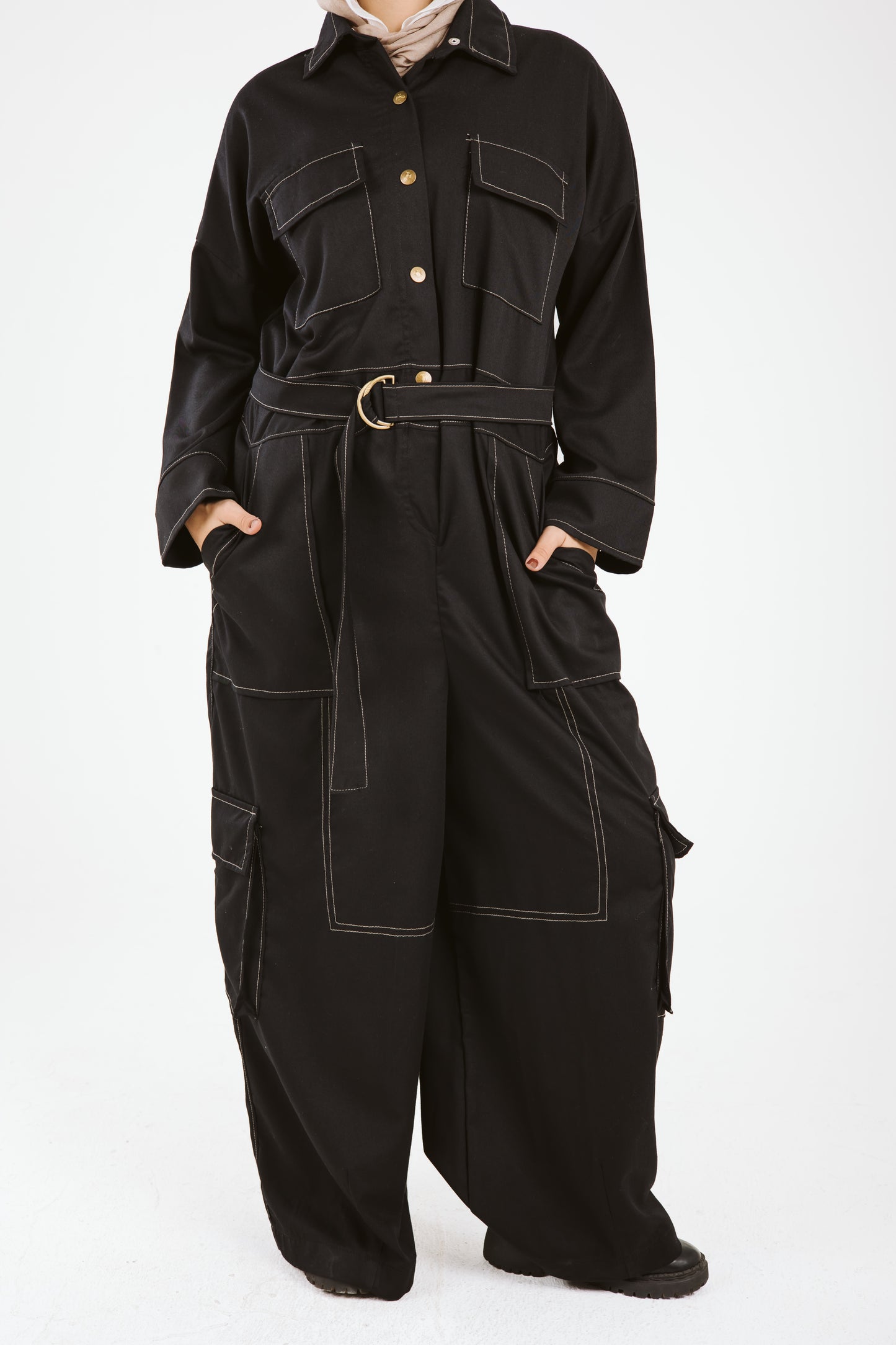Belt Jumpsuit in Beige Stitches