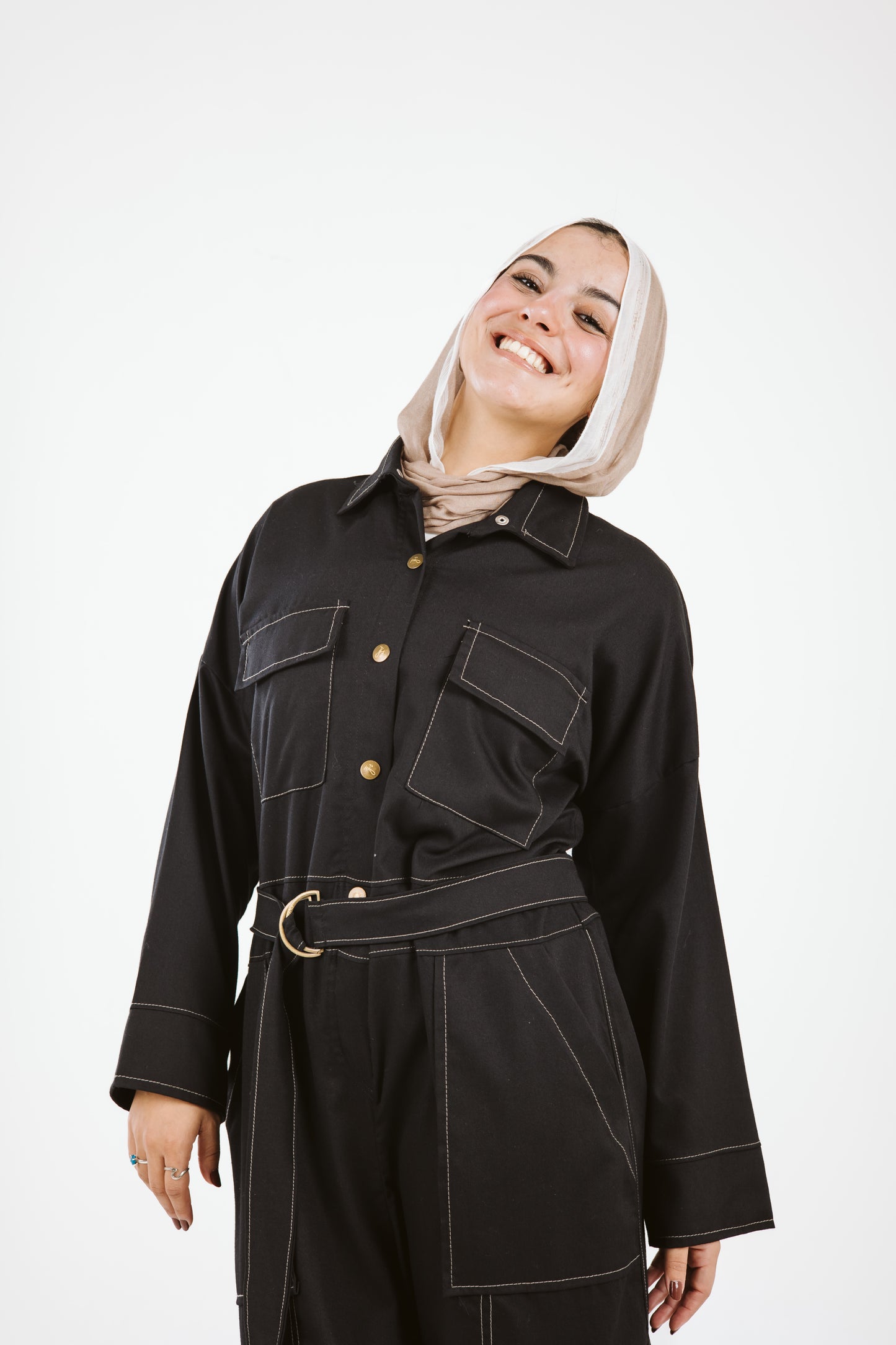 Belt Jumpsuit in Beige Stitches