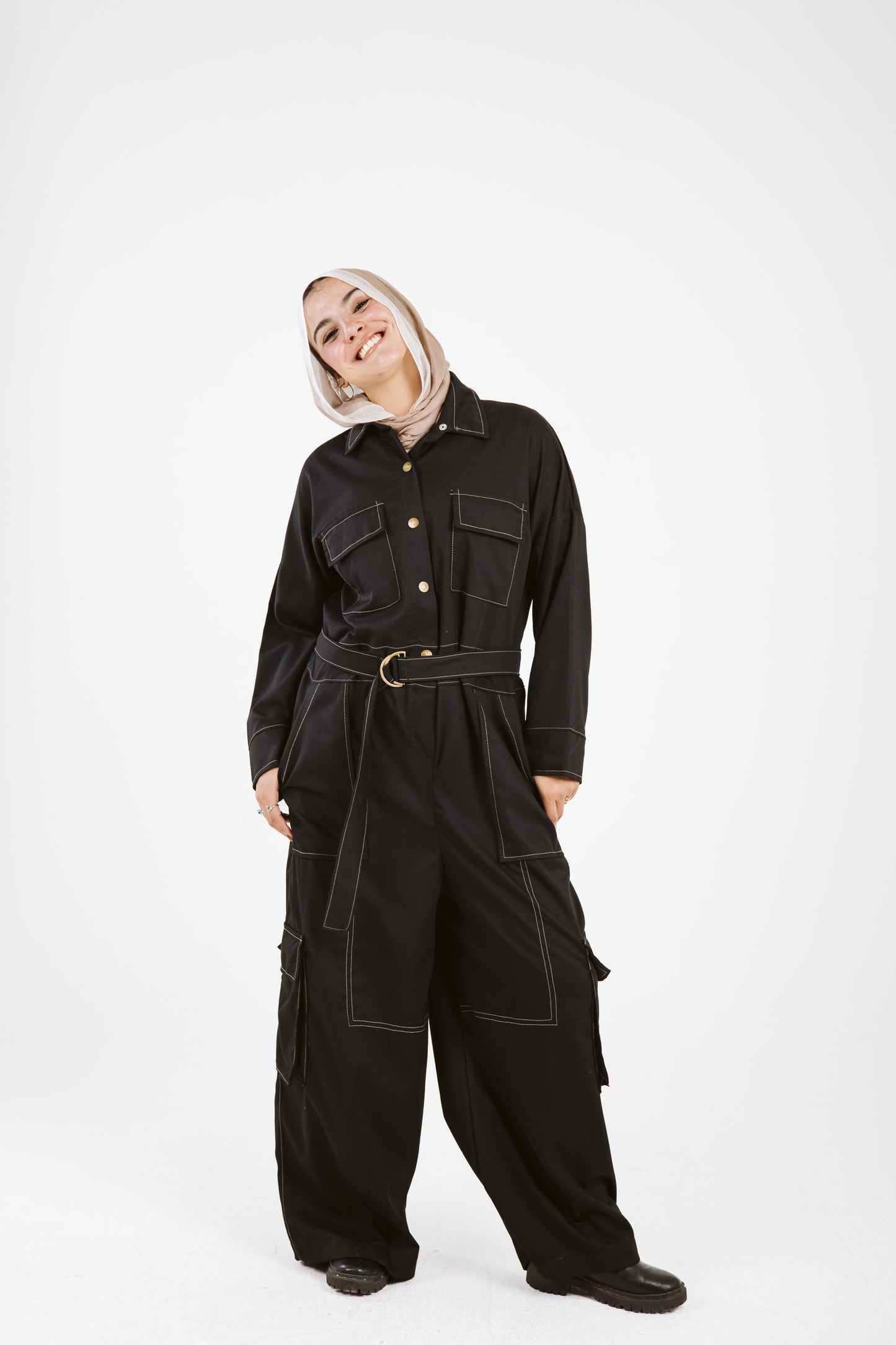 Belt Jumpsuit in Beige Stitches