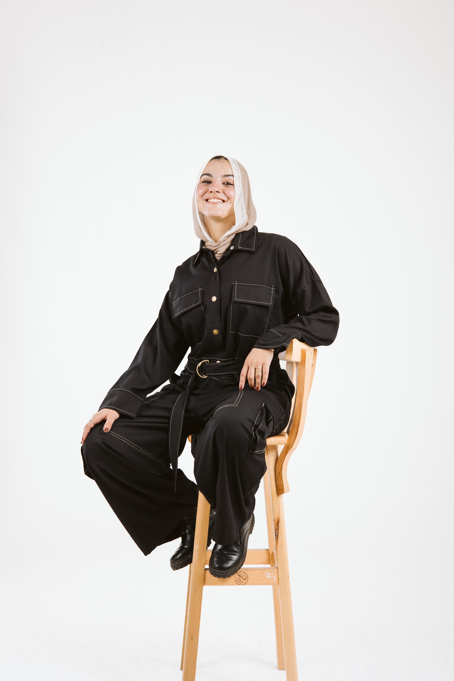 Belt Jumpsuit in Beige Stitches
