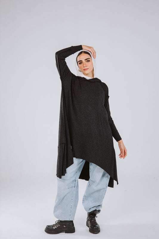 Asymmetrical Hoodie Top in Black