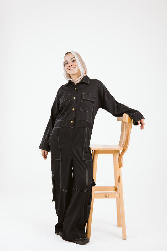Belt Jumpsuit in Beige Stitches