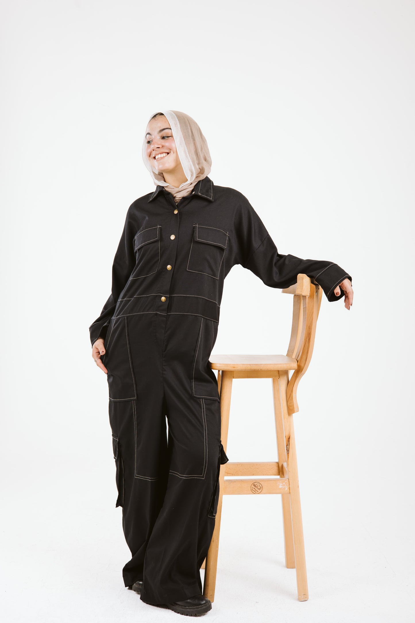 Belt Jumpsuit in Beige Stitches