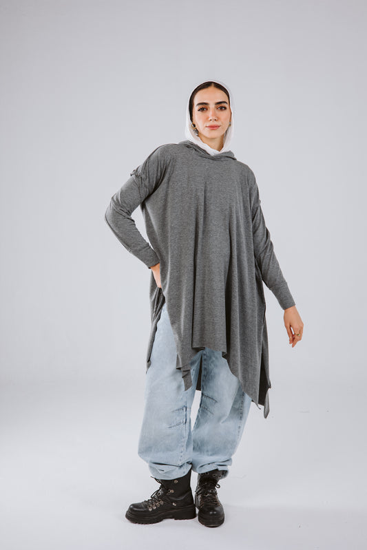 Asymmetrical Stitches Hoodie Top in Grey