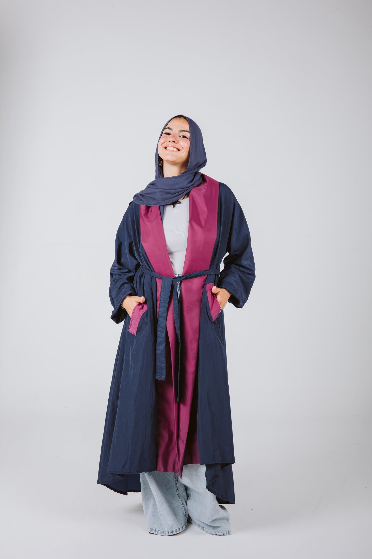 Bicolor Waterproof Trench Coat in Navy Blue