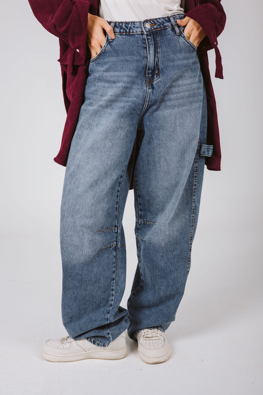 High Waist Balloon Denim Pants in Dark Blue