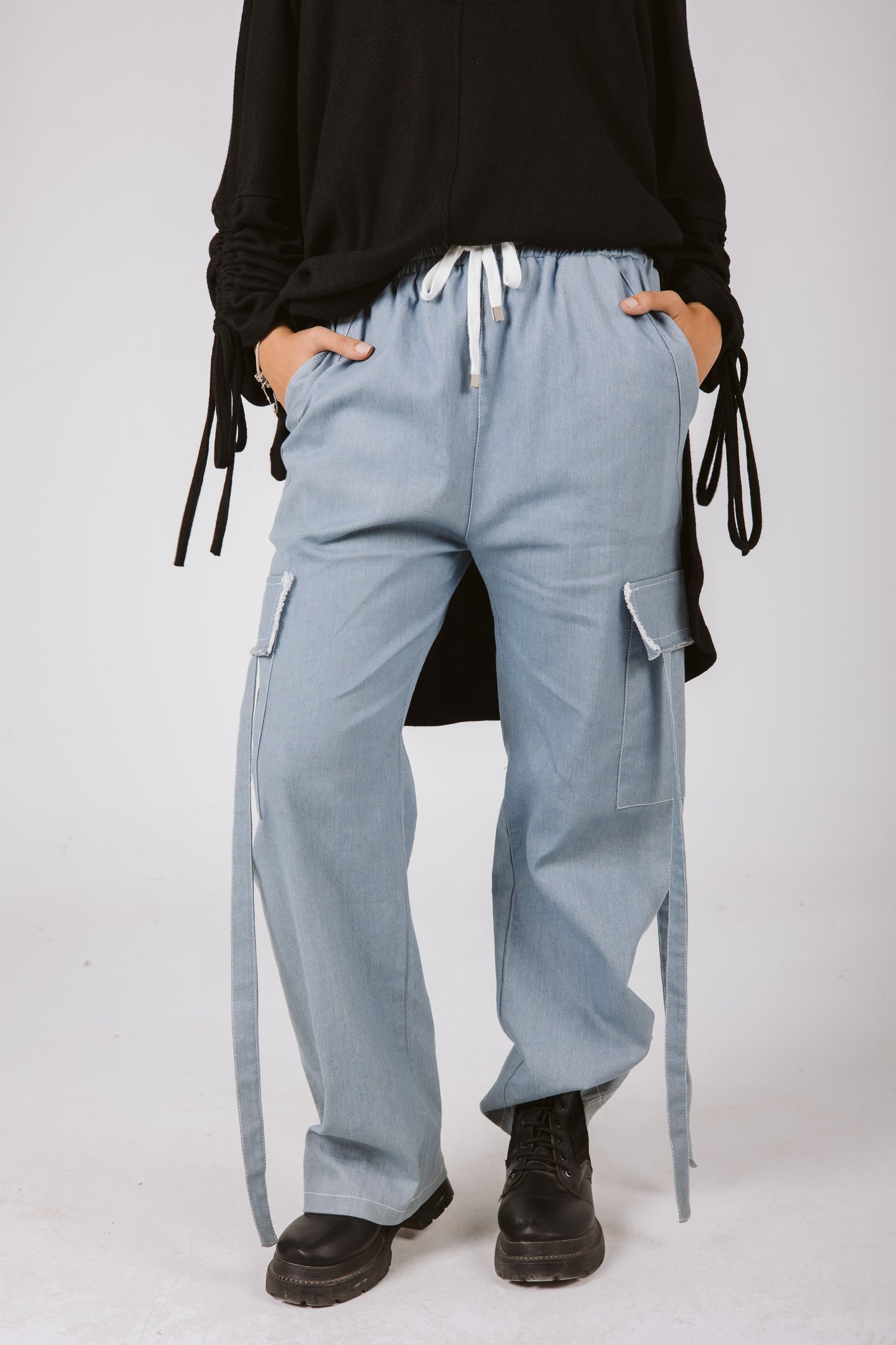 Cargo Denim Pants in Light Blue