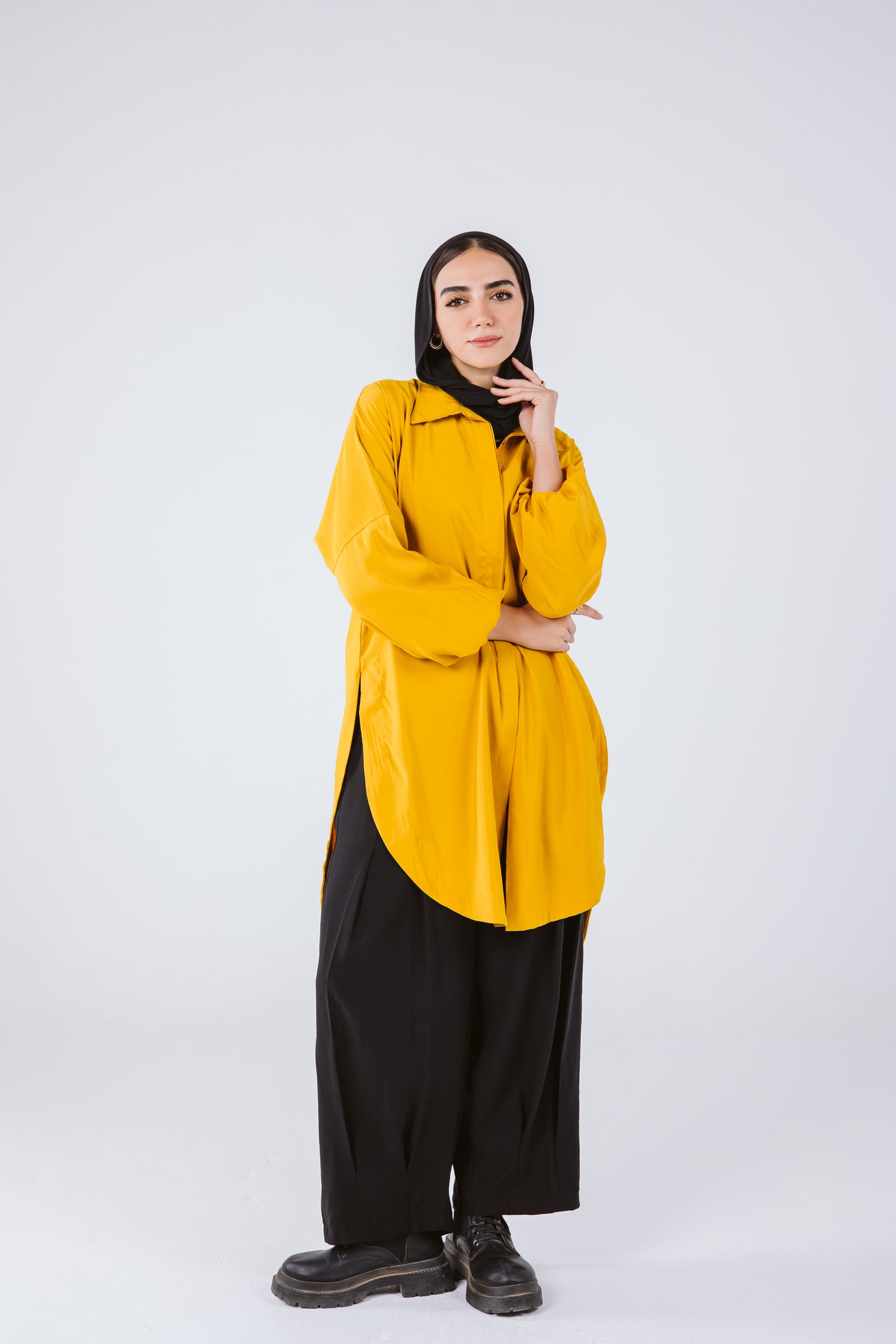 Puffy Sleeves High Low Shirt in Mustard