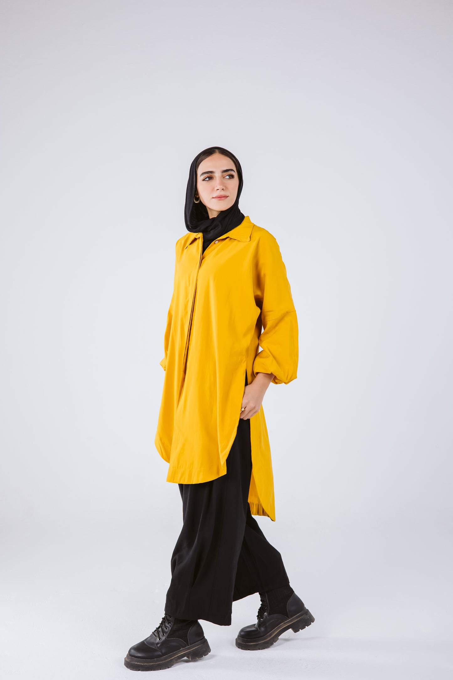 Puffy Sleeves High Low Shirt in Mustard