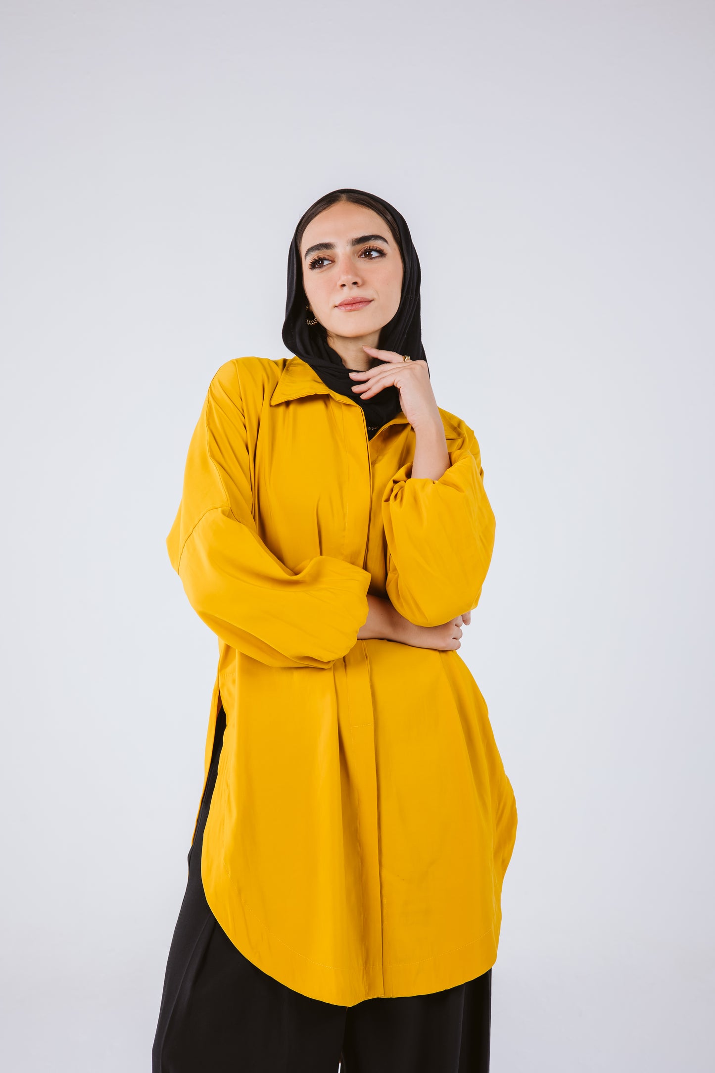 Puffy Sleeves High Low Shirt in Mustard