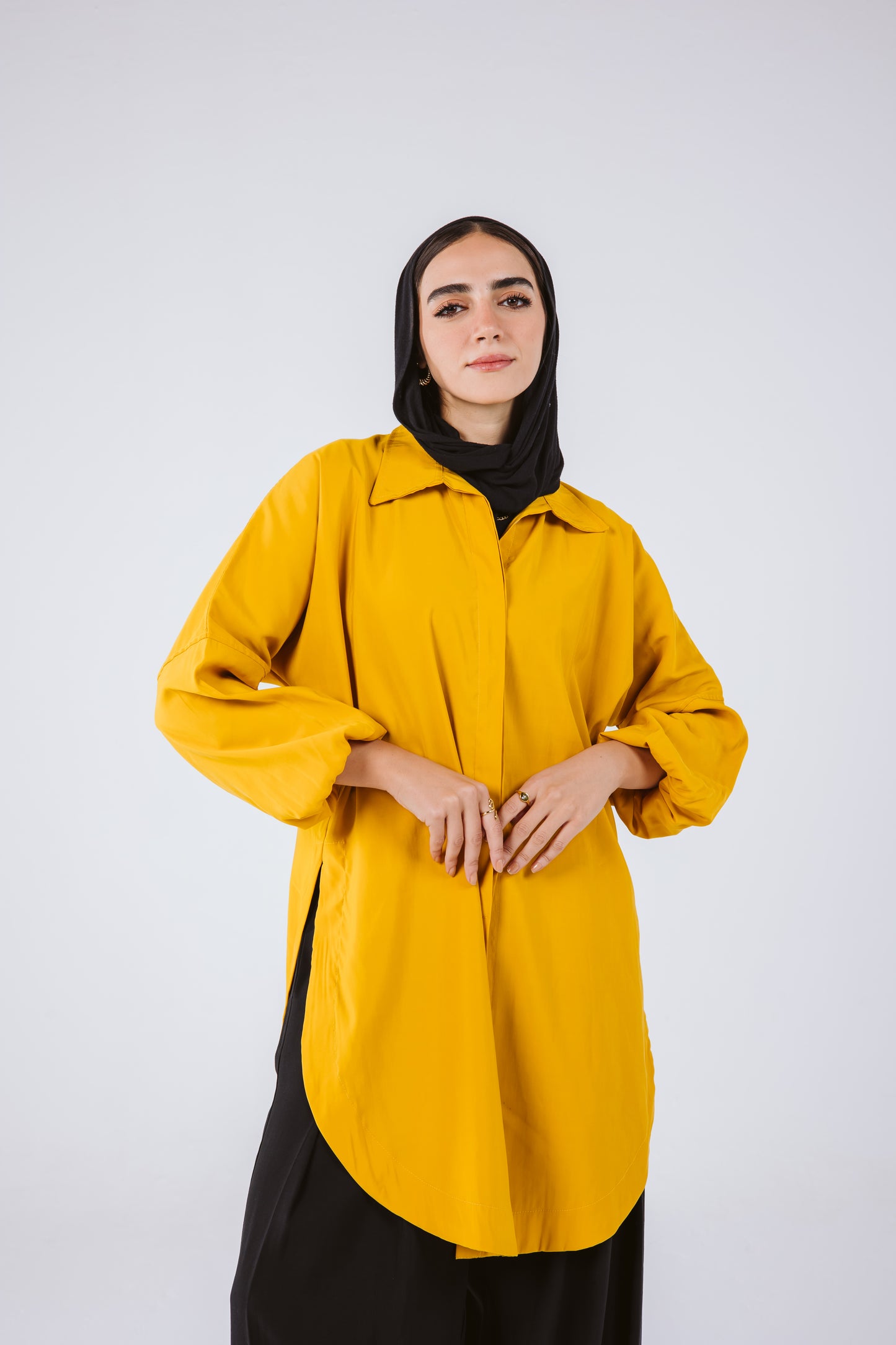 Puffy Sleeves High Low Shirt in Mustard