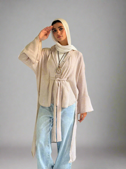Linen Belted Asymmetrical Shirt in Beige