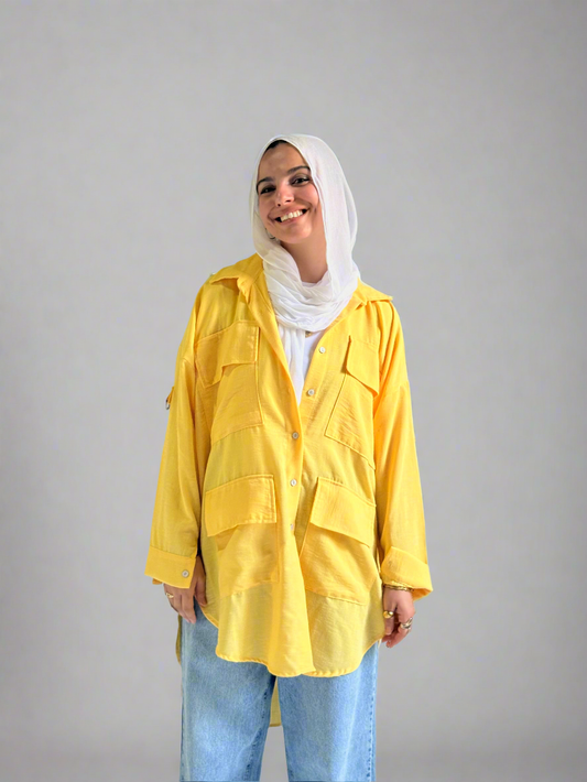 Linen Pockets Oversized High low Shirt in Yellow