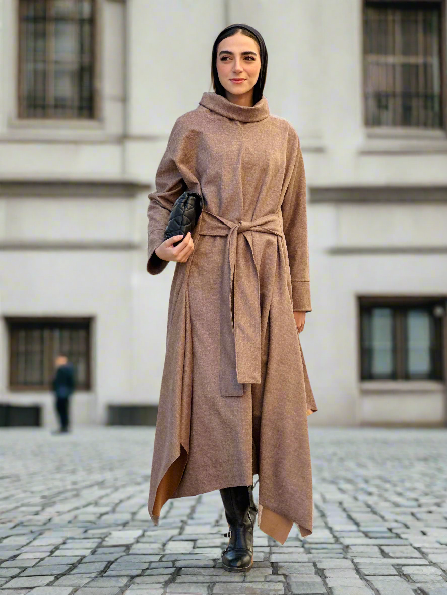 Asymmetrical Waist Belt Dress in Beige