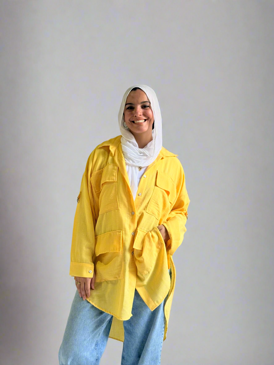 Linen Pockets Oversized High low Shirt in Yellow