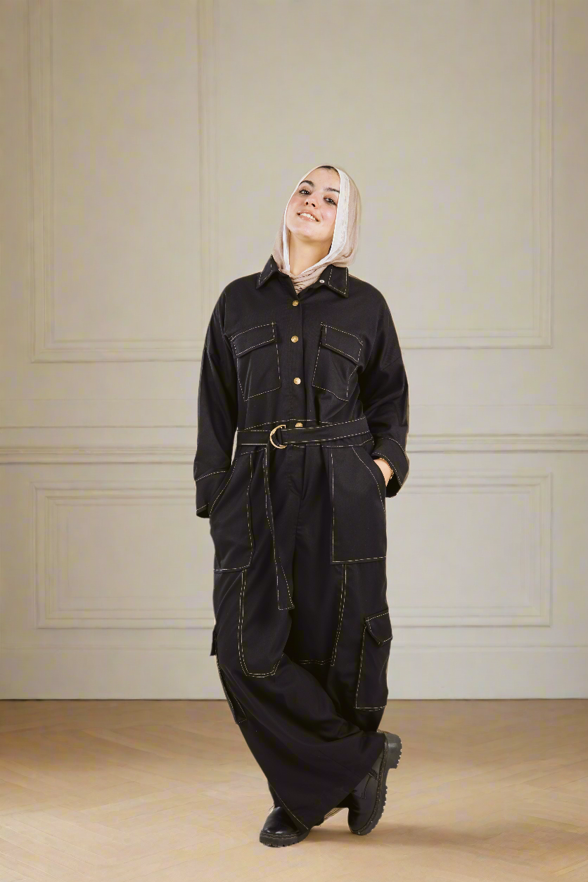 Belt Jumpsuit in Beige Stitches