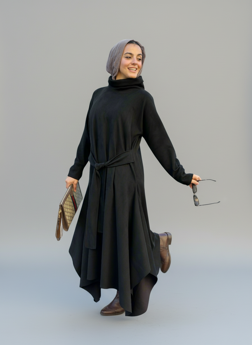 Asymmetrical Waist Belt Dress in Black