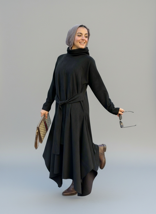 Asymmetrical Waist Belt Dress in Black