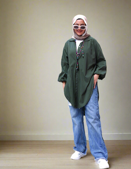 Puffy Sleeves High Low Shirt in Olive