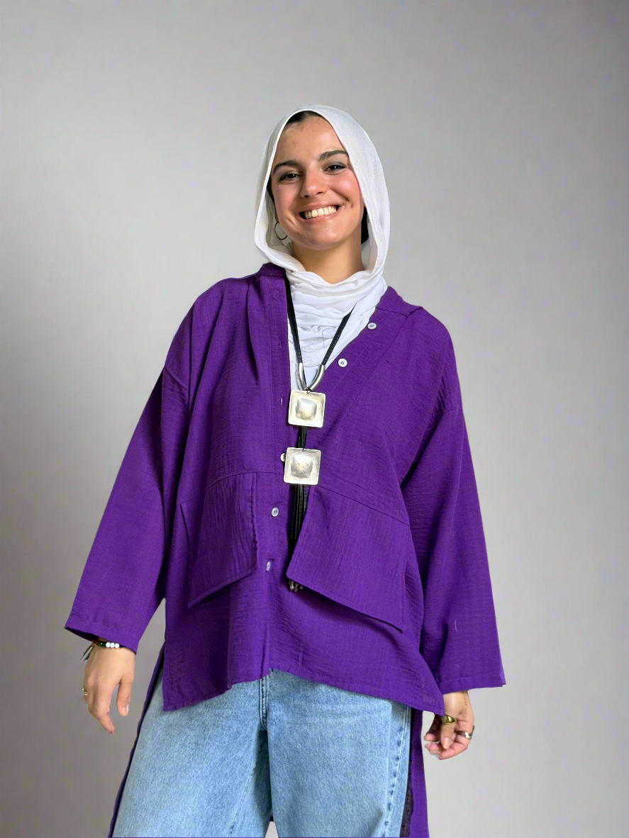 Hoodie High Low Pockets Shirt in Purple