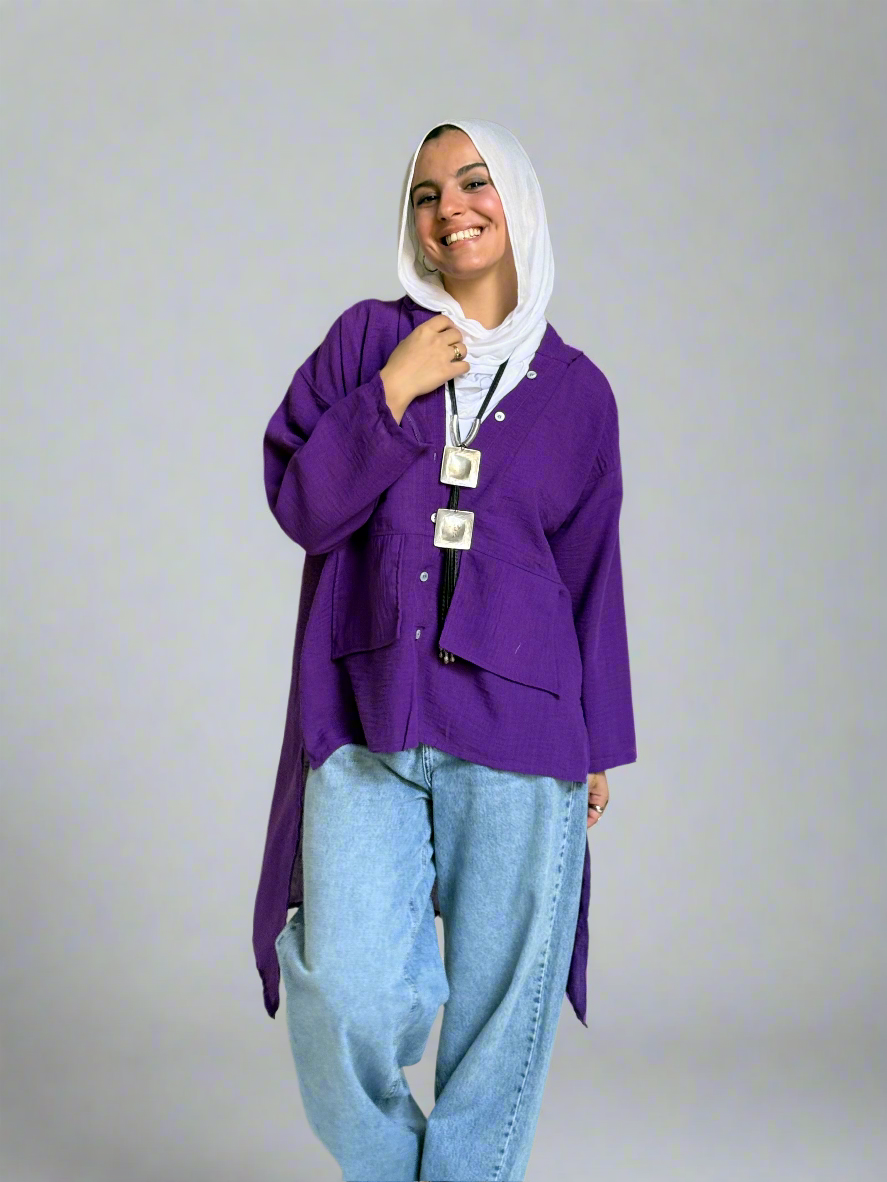 Hoodie High Low Pockets Shirt in Purple