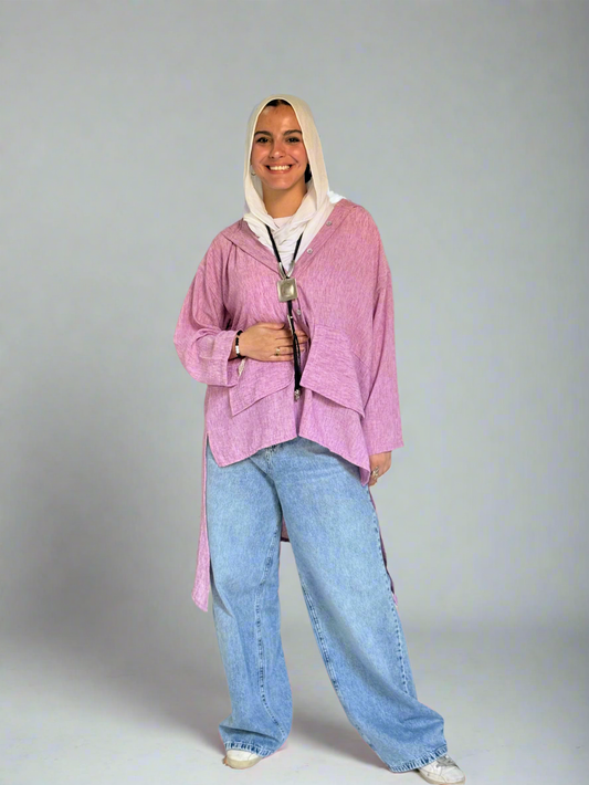 Hoodie High Low Pockets Shirt in Orchid Pink.