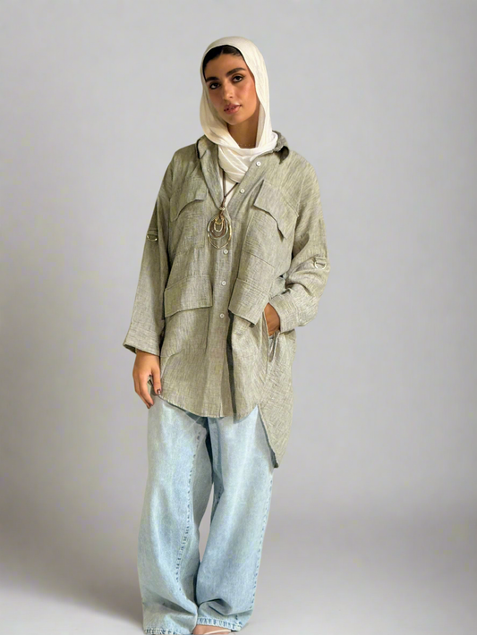 Pockets Linen High Low Shirt in Washed Mint
