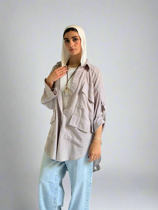 Linen Pockets Oversized High Low Shirt in Light Grey