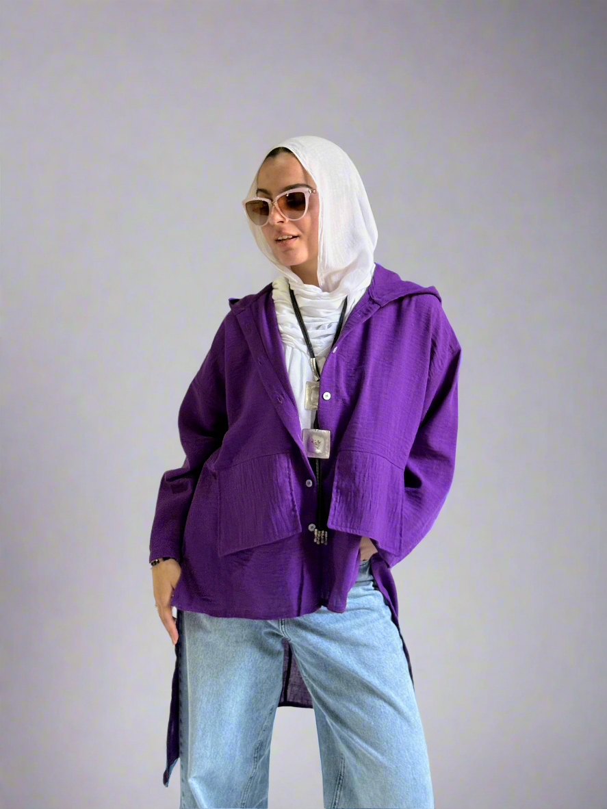 Hoodie High Low Pockets Shirt in Purple