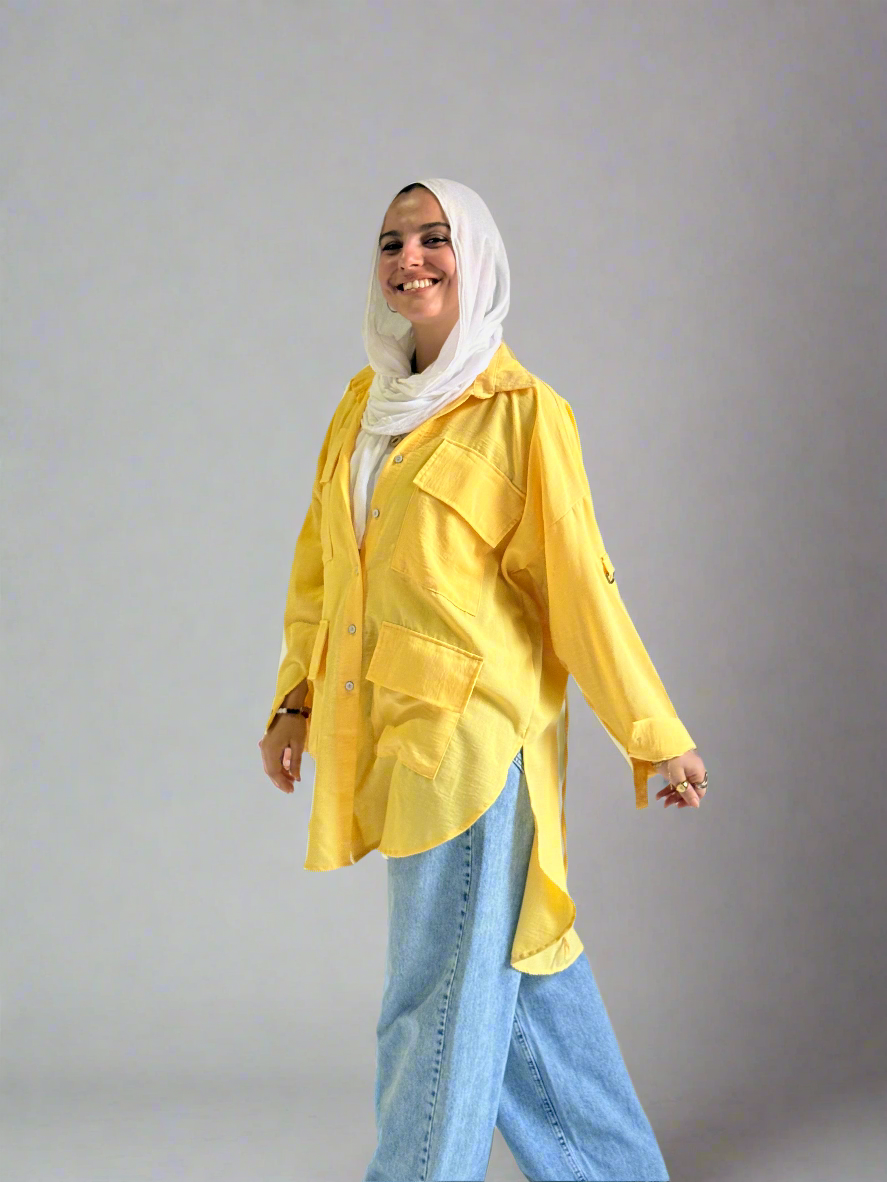 Linen Pockets Oversized High low Shirt in Yellow