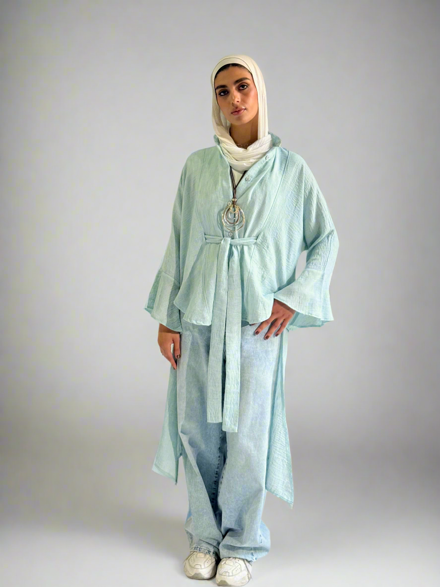 Linen Belted Asymmetrical Shirt in Aqua Blue