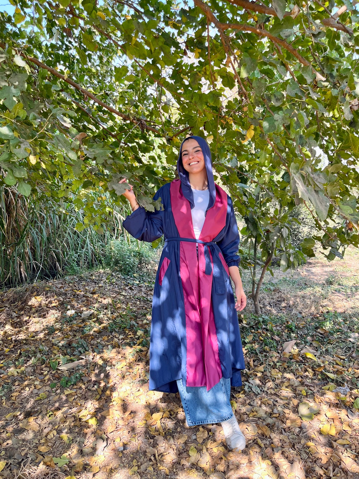 Bicolor Waterproof Trench Coat in Navy Blue