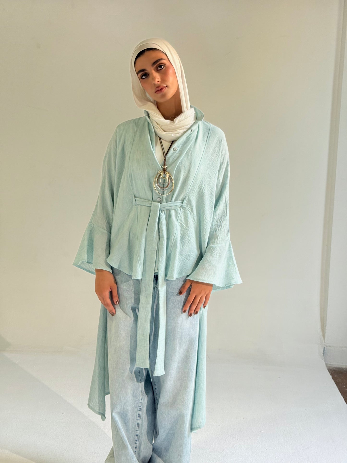 Linen Belted Asymmetrical Shirt in Aqua Blue