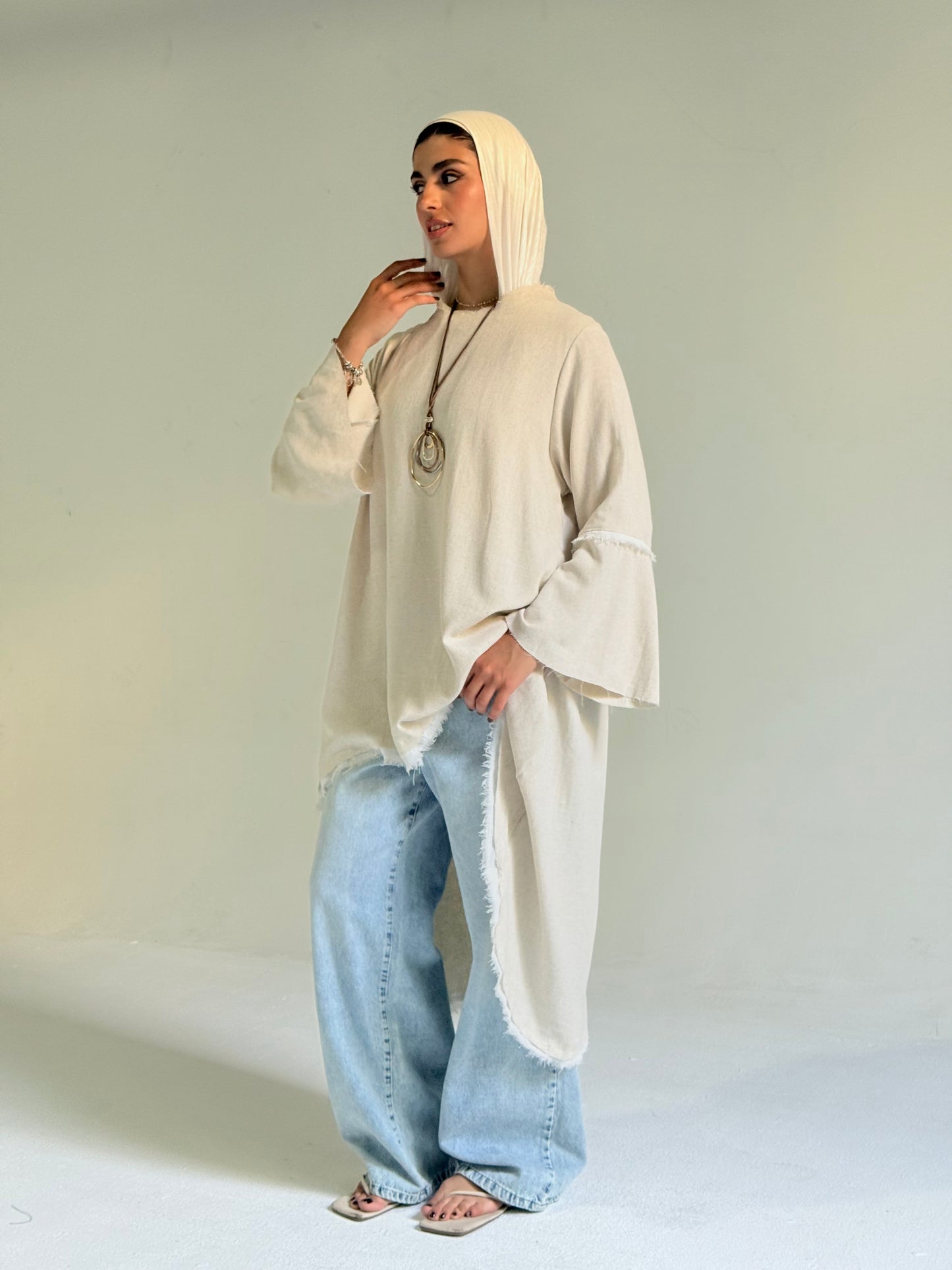 High Low Linen Top in Beige