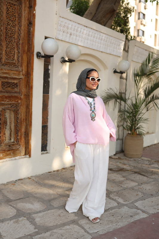 Flowy Linen Top in Powder Pink