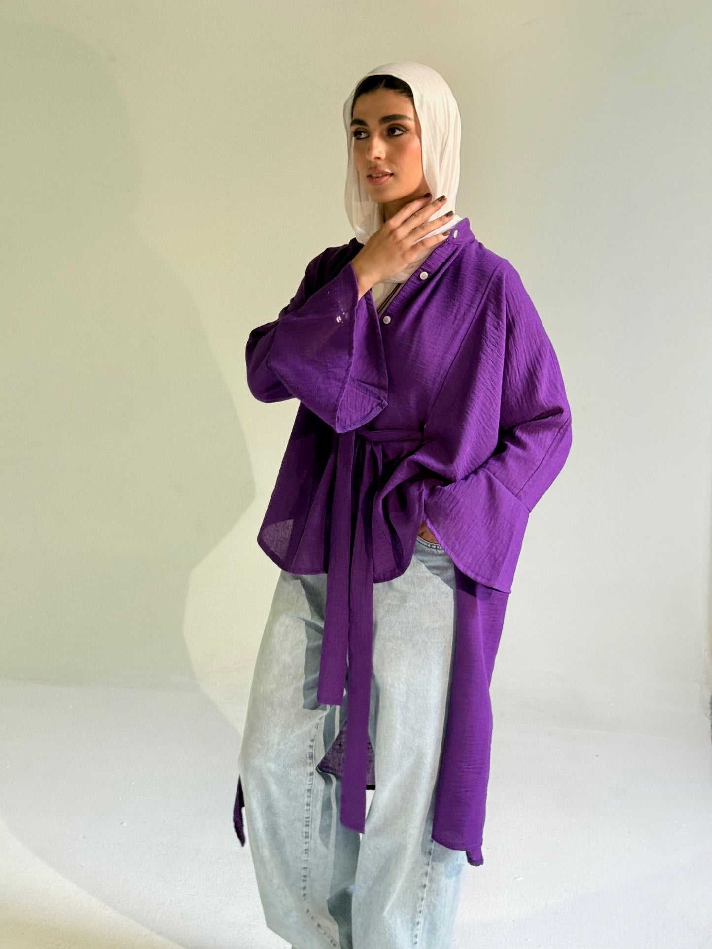 Linen Belted Asymmetrical Shirt in Purple