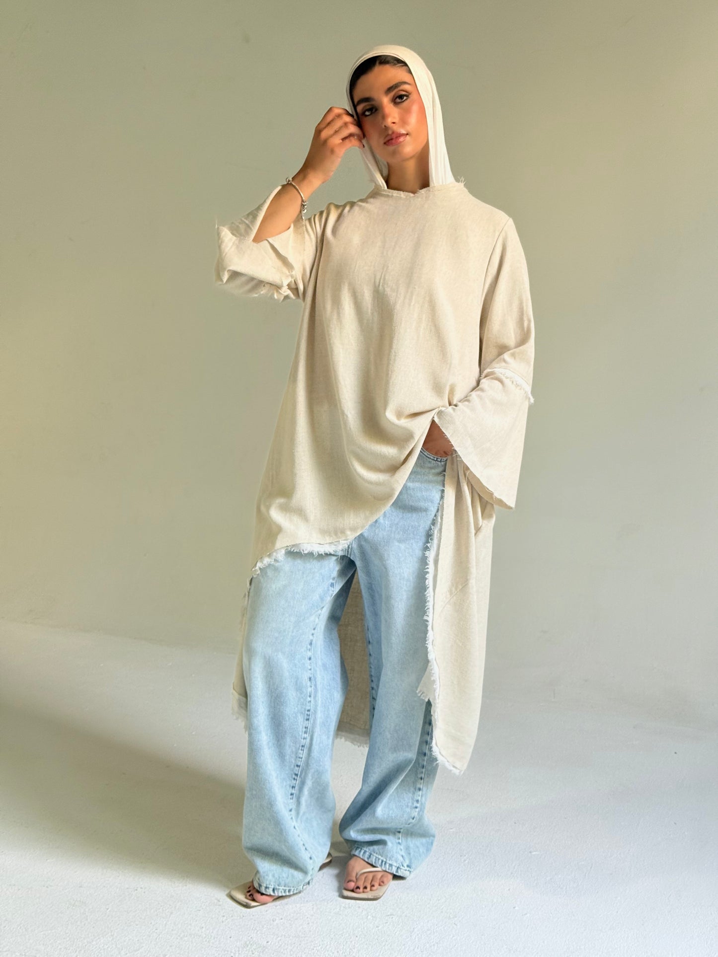 High Low Linen Top in Beige