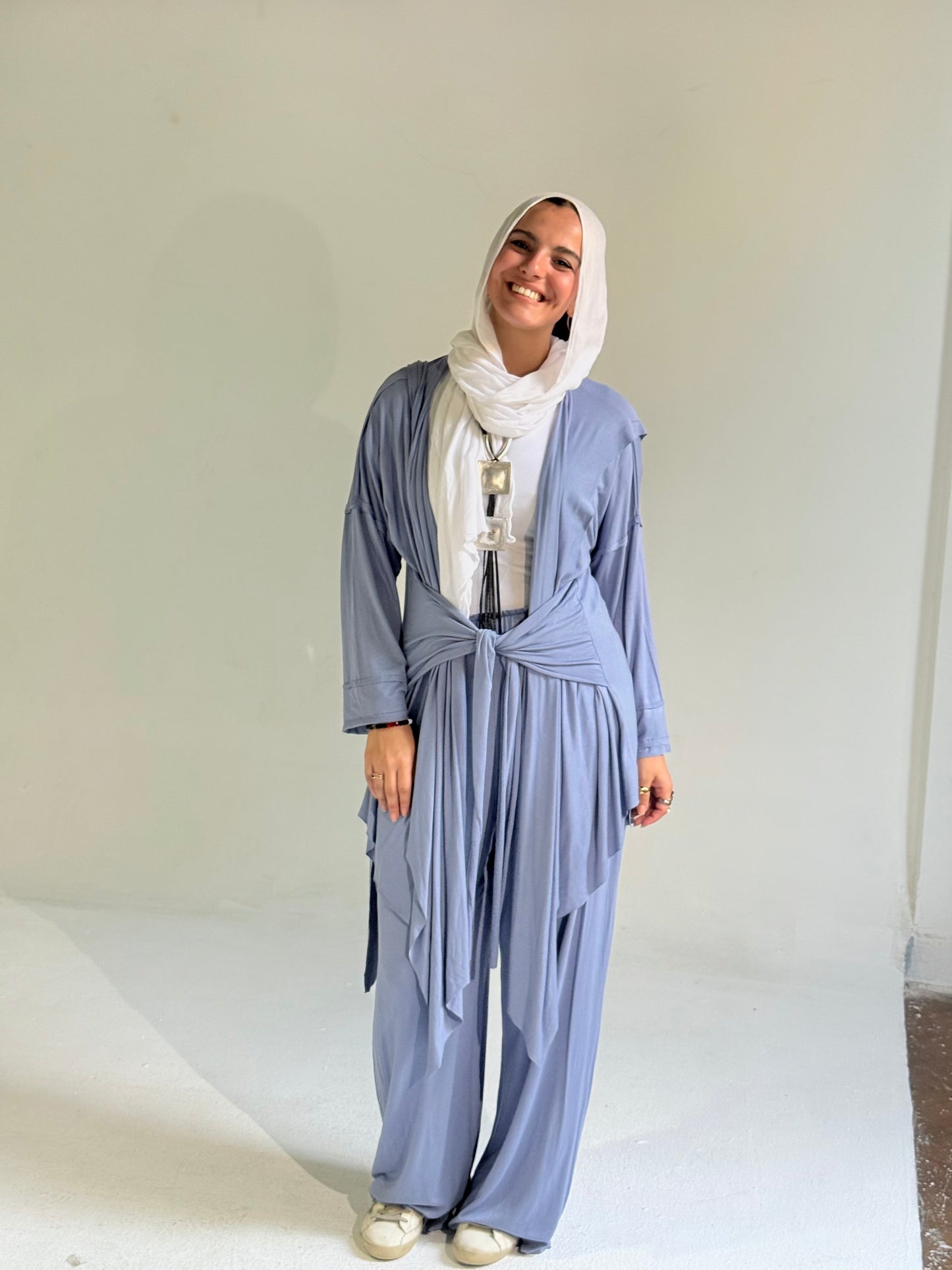 Asymmetrical Cardigan Set in Blue Jeans