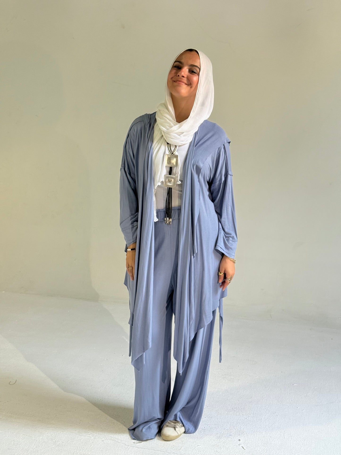 Asymmetrical Cardigan Set in Blue Jeans