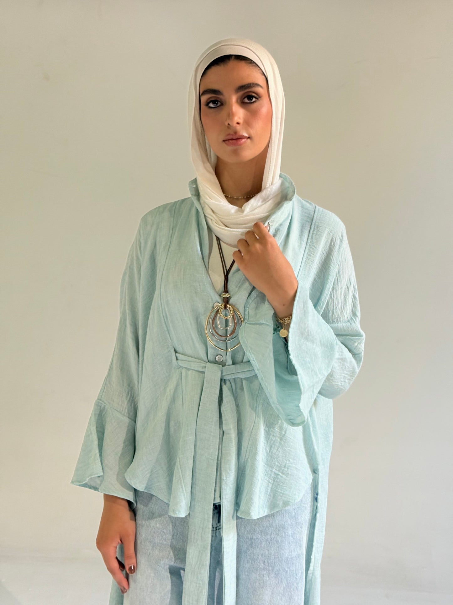 Linen Belted Asymmetrical Shirt in Aqua Blue