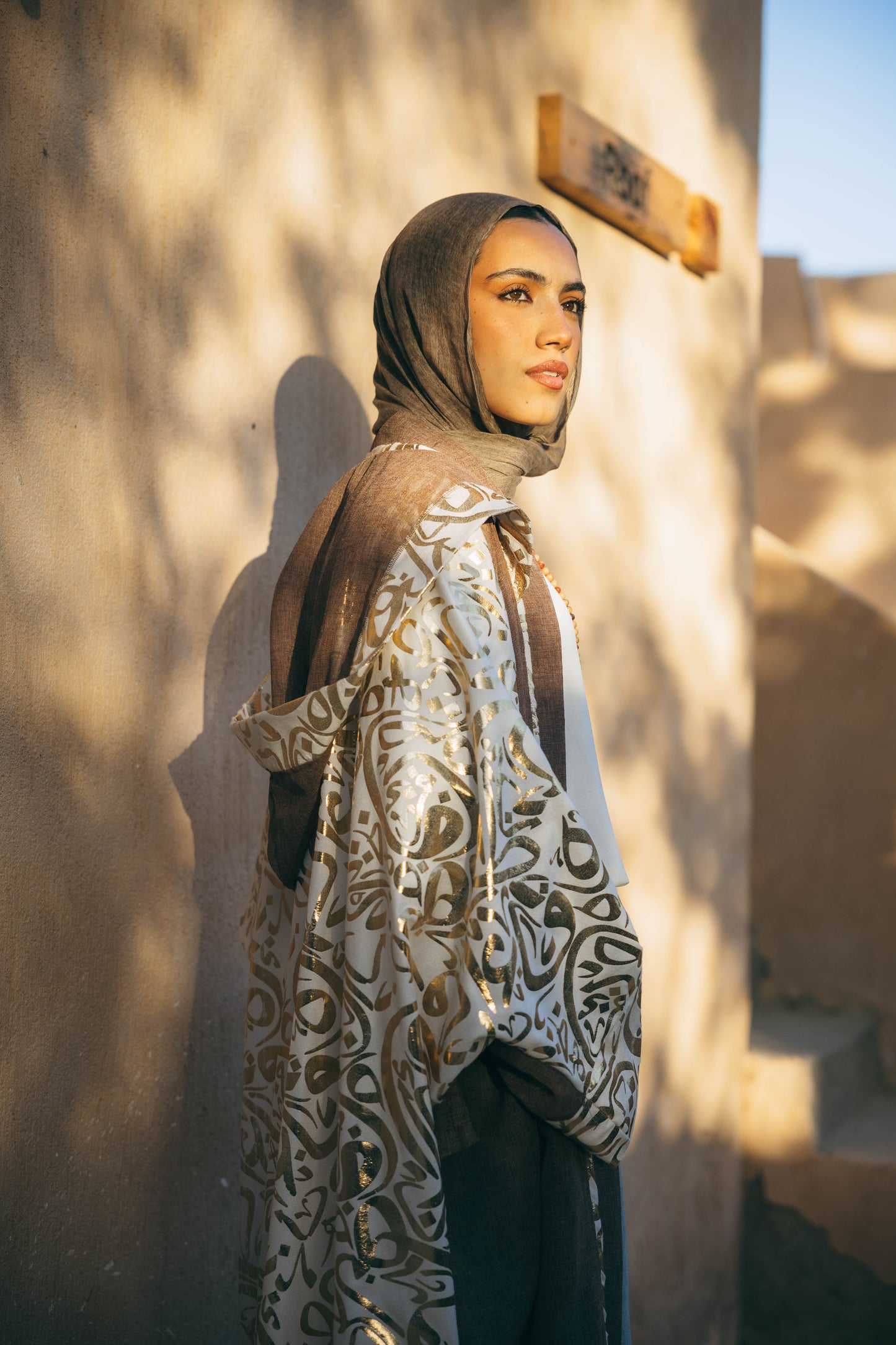 Calligraphy Linen Kaftan in Cafe