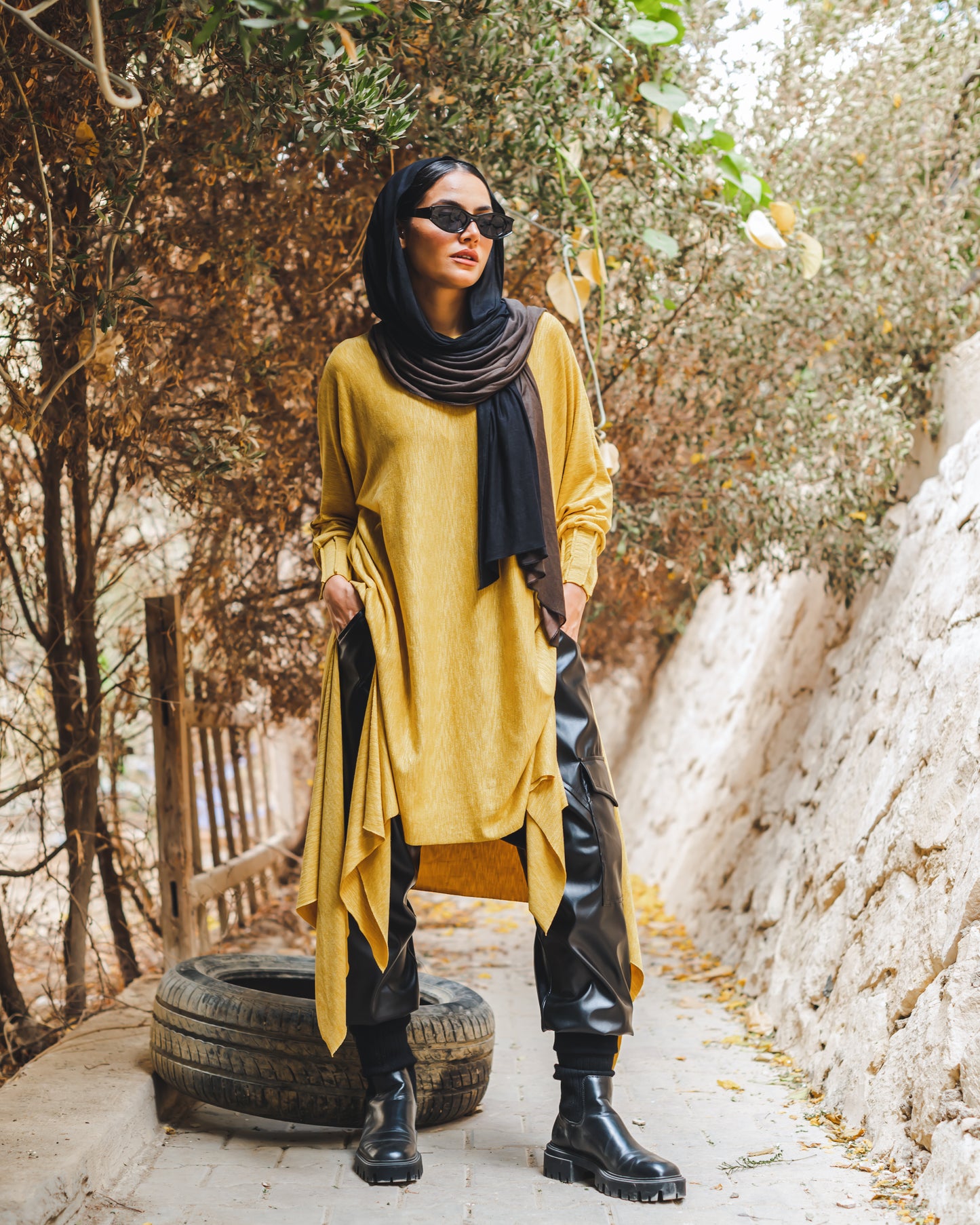 Asymmetrical Back Stripes Top in Mustard