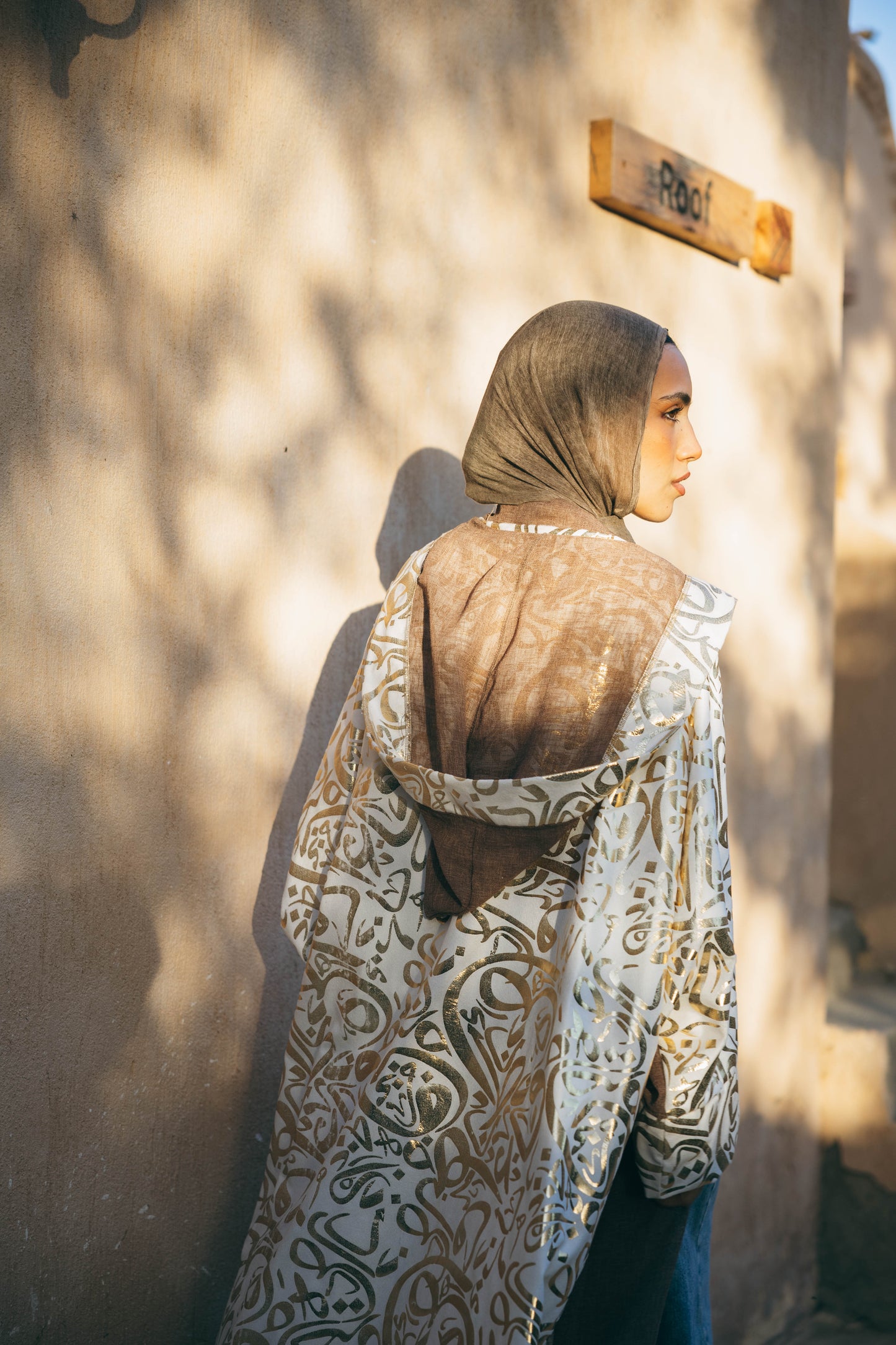 Calligraphy Linen Kaftan in Cafe